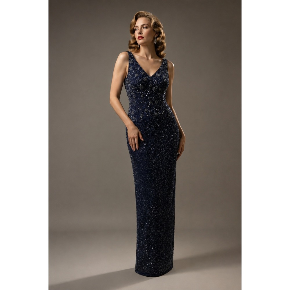 Marina Bresler Silk Beaded Maxi Gown Dress Sz 14 Formal Black Tie Glam Vtg Rare